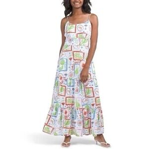 CYNTHIA ROWLEY Linen Blend Fruit Dress Womens‎ M Tier Ruffle Pocket Maxi NEW